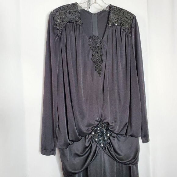 Vintage 1980s Jumpsuit Romper Sz 8 Black Satin Sequins Lace Party Disco - Picture 2 of 5